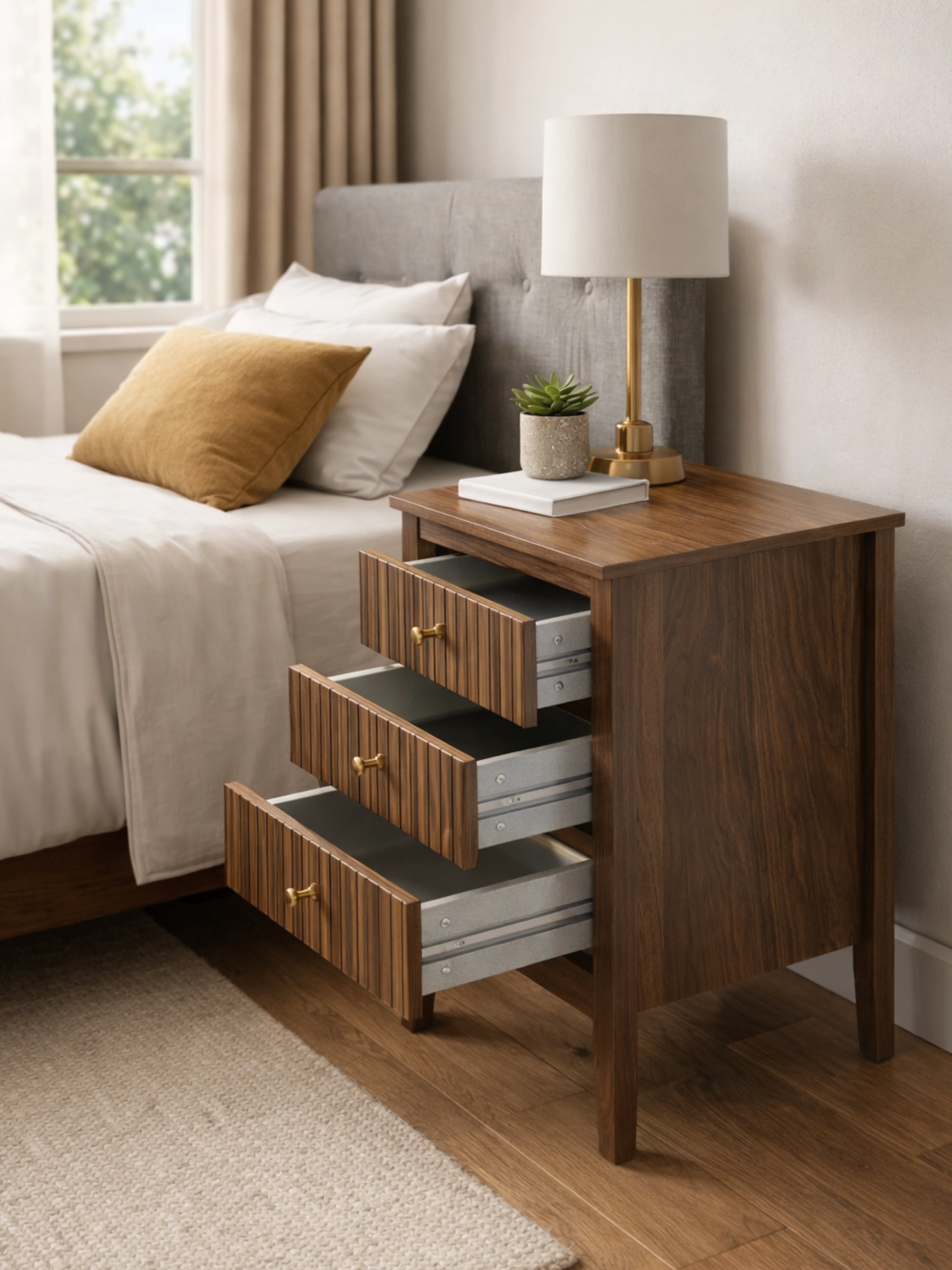 Alya Walnut 3 Drawer Bedside Table - Image 4