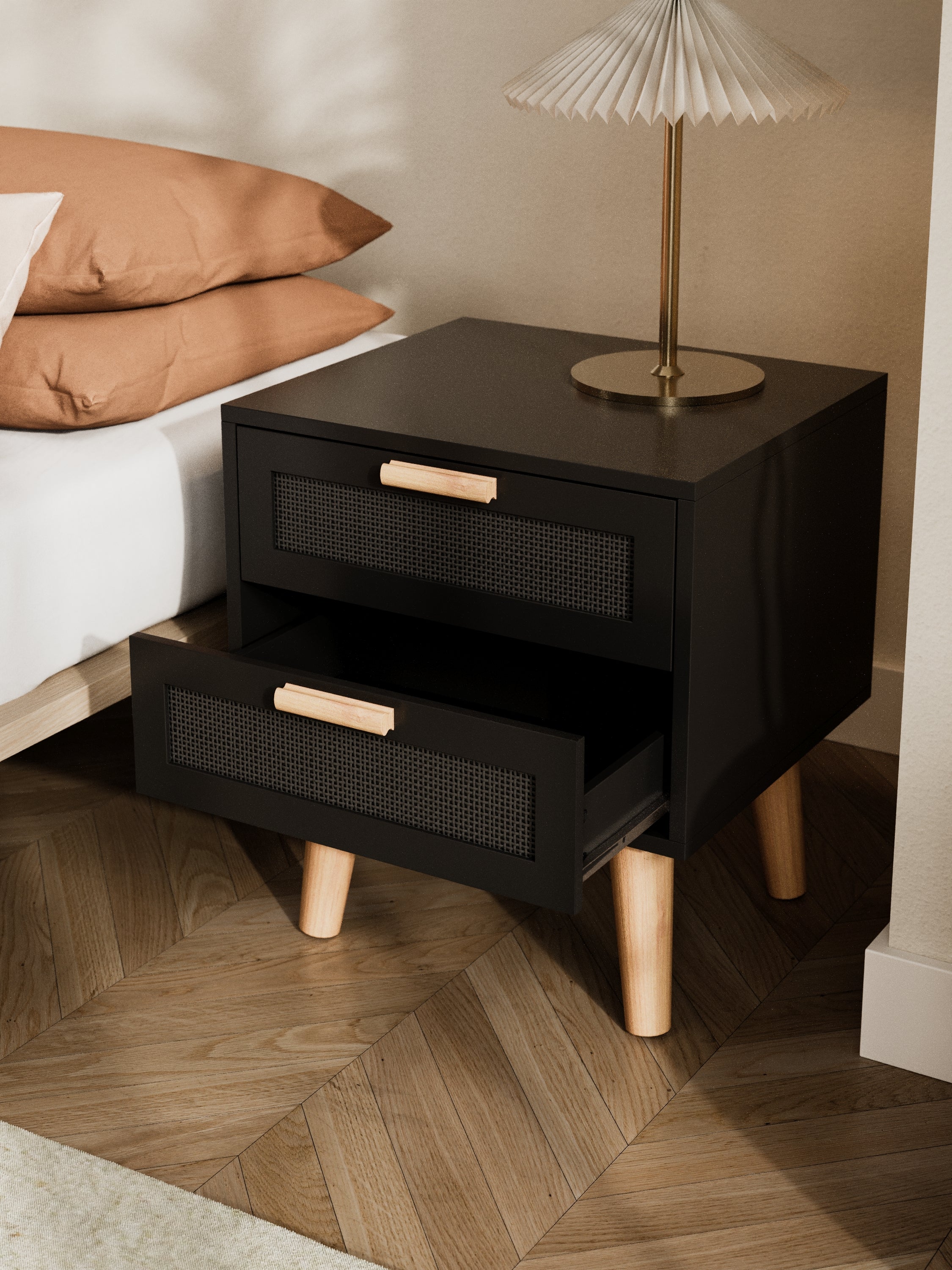 Austin Black Rattan Wooden Bedside Table - Image 3