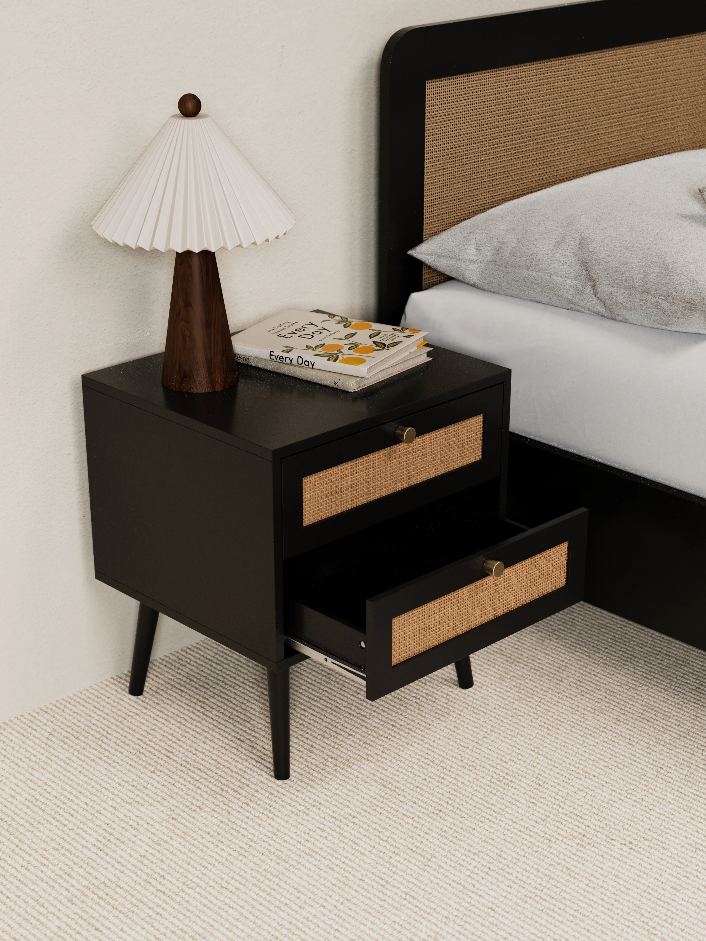 Ronnie Black Rattan Wooden Bedside Table - Image 3