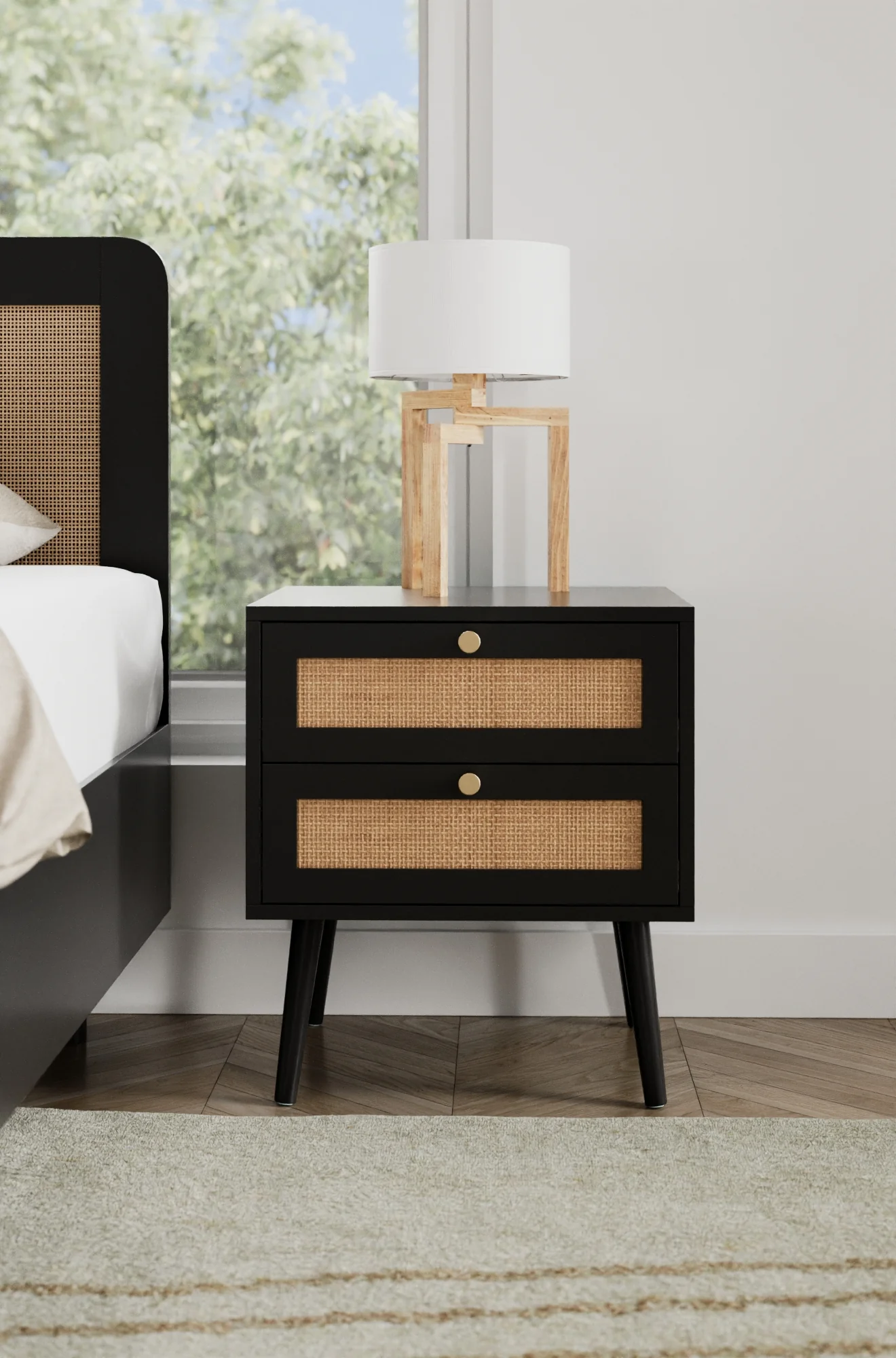 Ronnie Black Rattan Wooden Bedside Table - Image 4