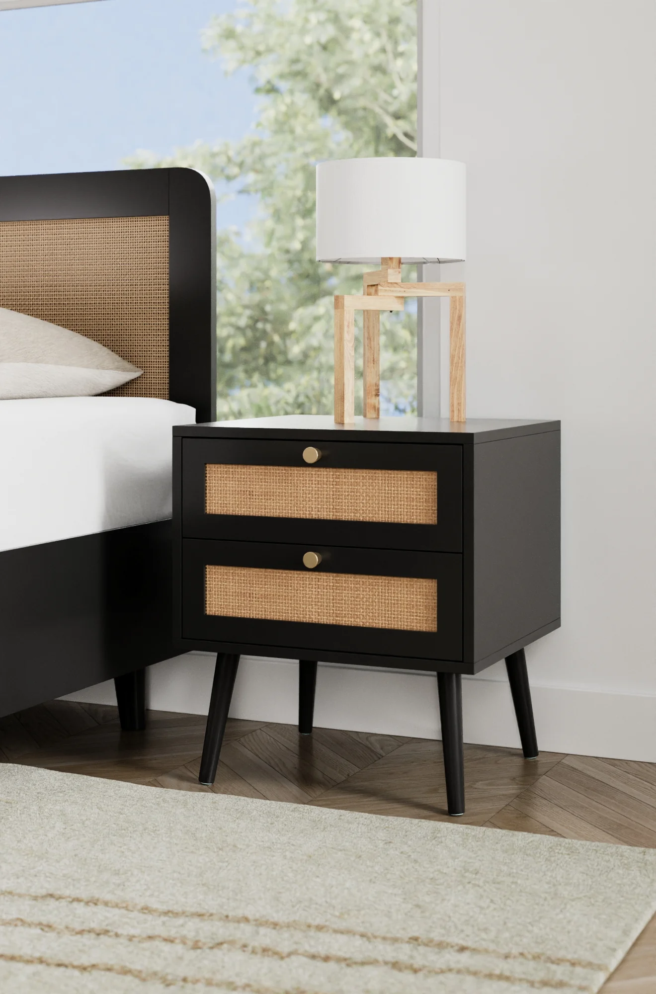 Ronnie Black Rattan Wooden Bedside Table - Image 5